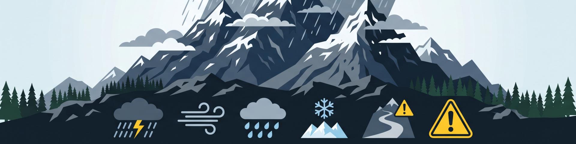 Graphic showing mountains with various weather icons: snow, rain, wind, and warnings.