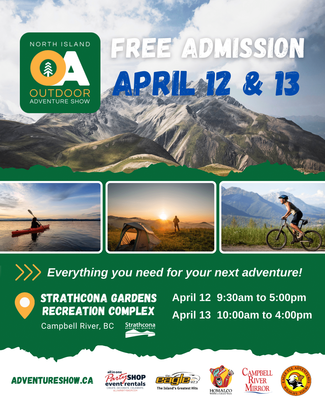 Outdoor adventure expo flyer with mountains, kayak, and bike graphics.