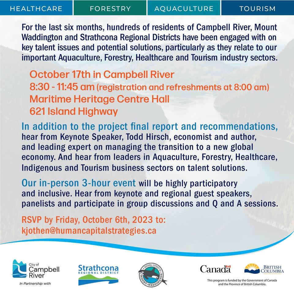 Event poster for Campbell River, with date, venue, and details for a conference on industry sectors.