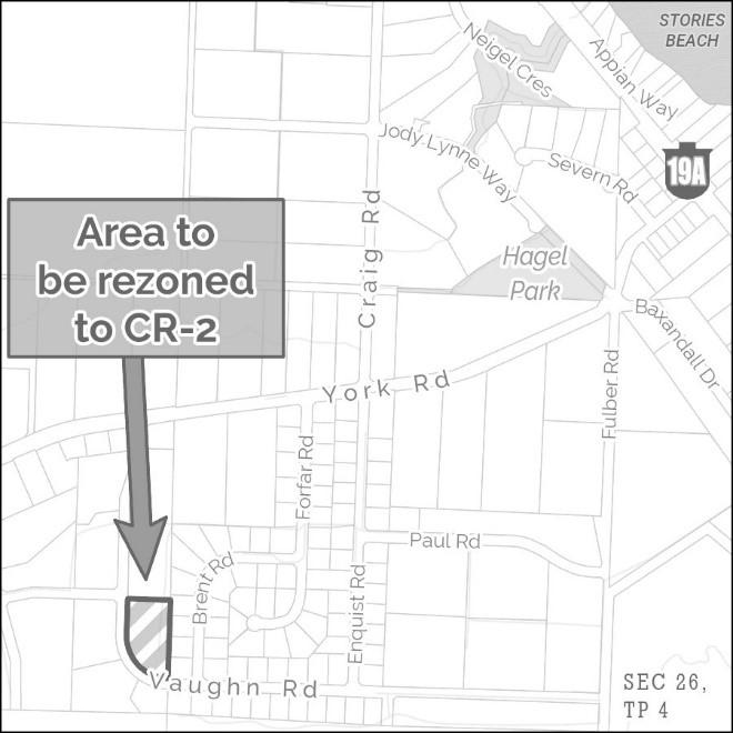Map showing area on Vaughn Rd to be rezoned to CR-2, marked with an arrow.