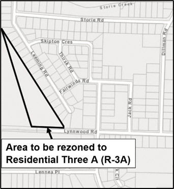 Map showing an area marked for rezoning to Residential Three A.