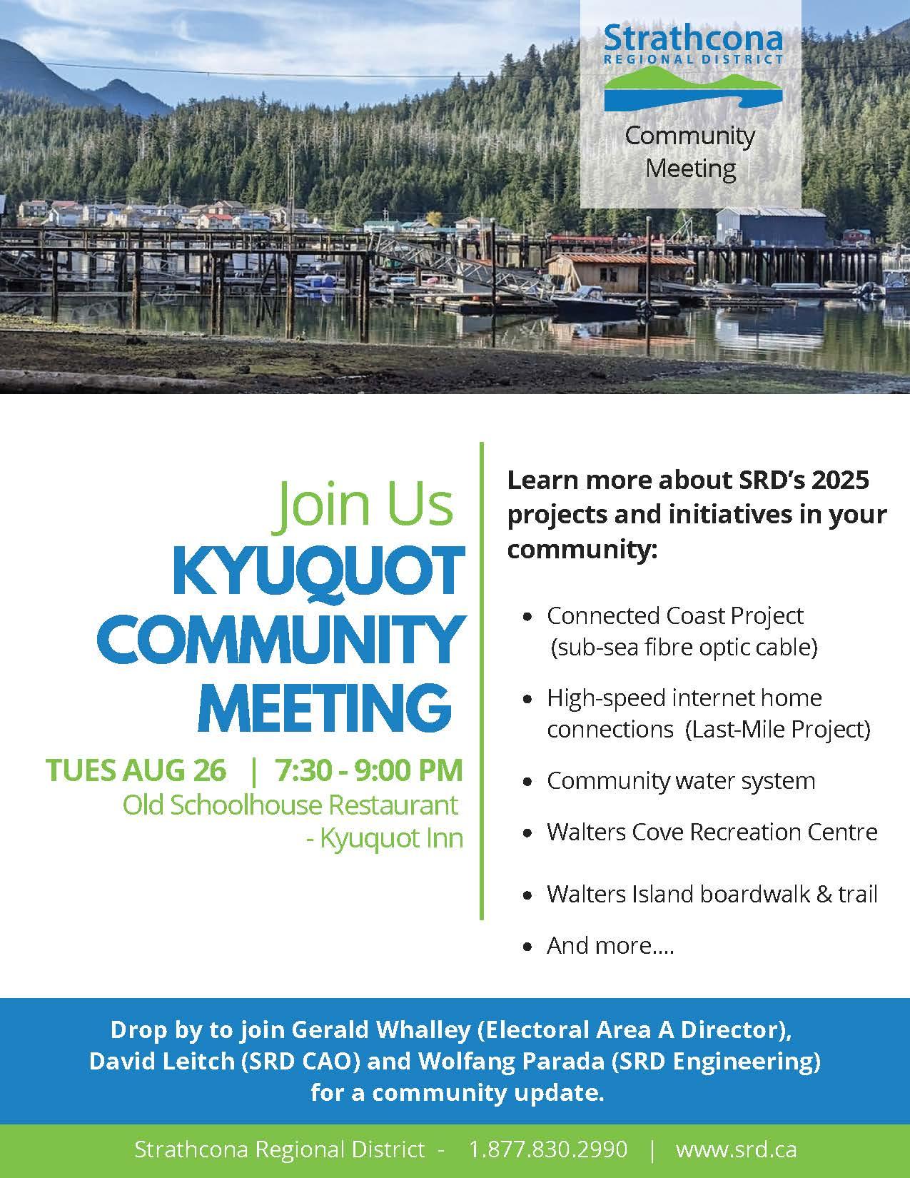 Kyuquot Community Meeting announcement with scenic harbour background.