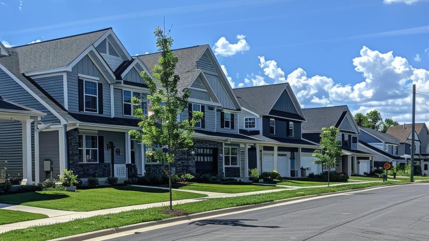 street with houses and trees, under a blue sky with clouds.
