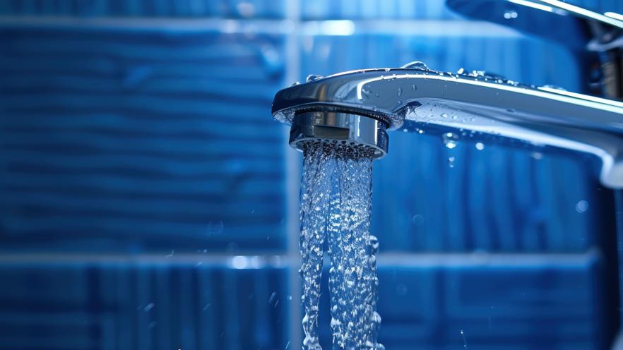 Close-up of a modern faucet with water flowing against a blue tiled background.