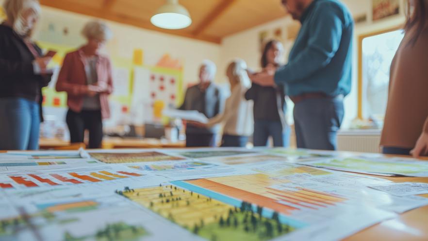 Group of people discussing charts and plans around a table in a well-lit room.