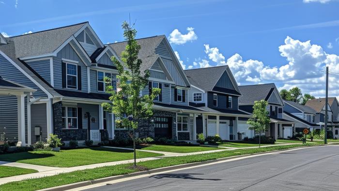 street with houses and trees, under a blue sky with clouds.