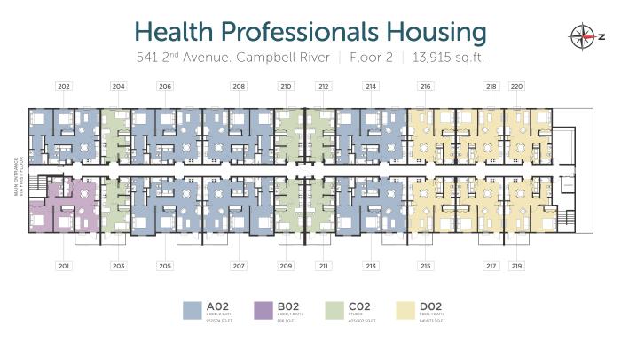 Floor plan layout of Health Professionals Housing, showing units in various colors.