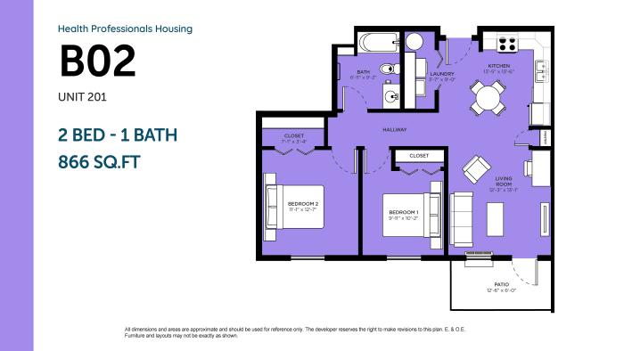 Floor plan for HPH B02, featuring 2 bedrooms and 1 bath, highlighted in purple.