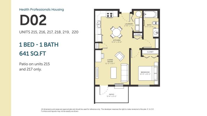 Floor plan of HPH one-bedroom, one-bath apartment, 641 sqft