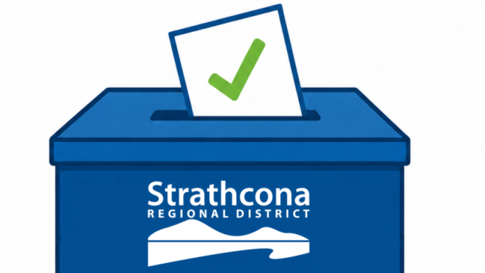 Blue ballot box with a checkmark above it, labeled "Strathcona Regional District."