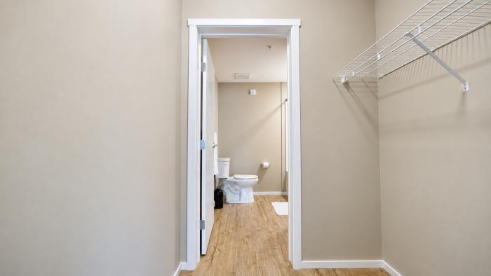 Interior view of a hallway leading to a bathroom, with light walls and wooden flooring.