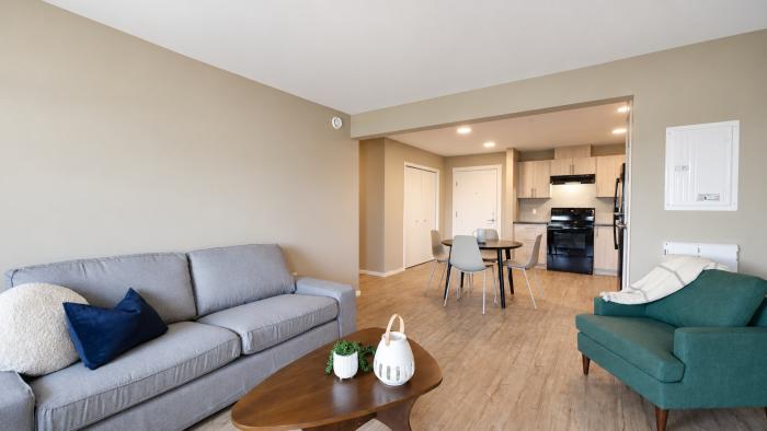 Modern living room with a gray sofa, green chair, wooden coffee table, and kitchen in the background.