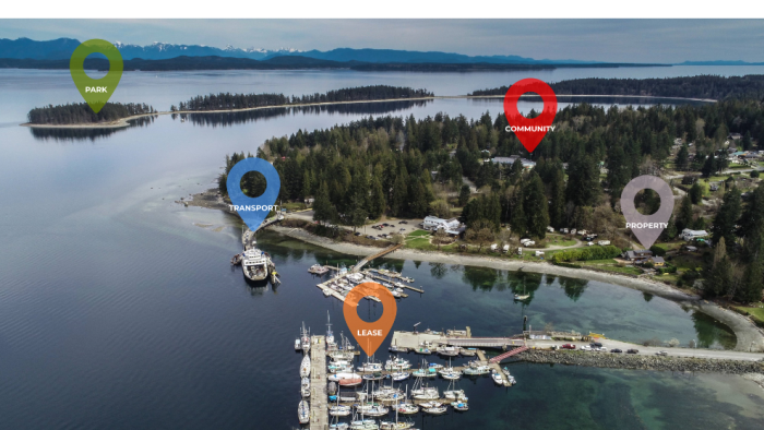 Aerial view of a marina with multiple boats, surrounded by forests and islands, GPS markers shown.