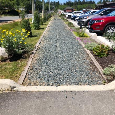 Gravel pathway surrounded by flowers and shrubs, leading through a parking area.