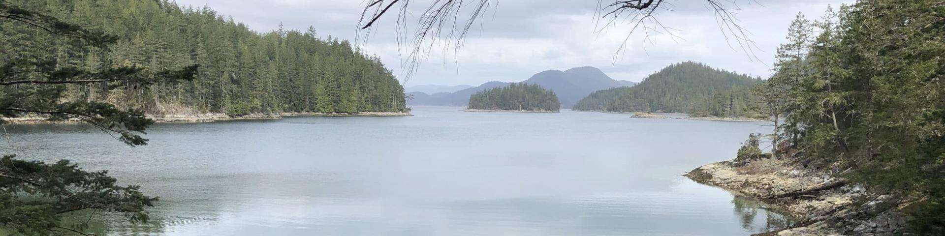 Serene bay with calm water, surrounded by forested hills under a cloudy sky.