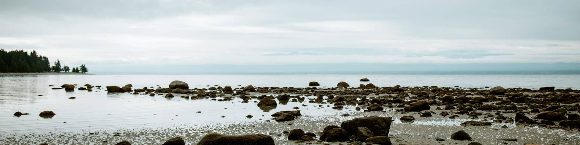 Rocky shoreline under a cloudy sky.