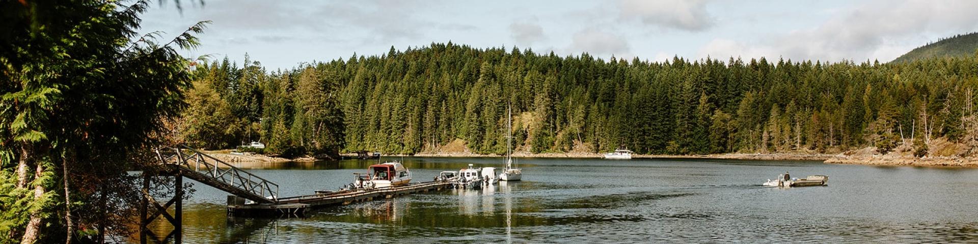 Lake with wooden dock, surrounded by forest under a partly cloudy sky.