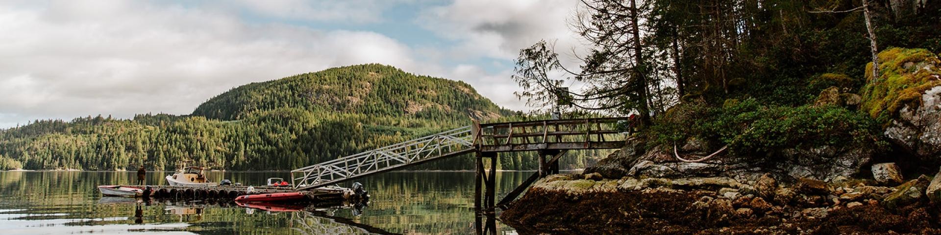 Calm lake with dock, surrounded by forest and hills under a cloudy sky.