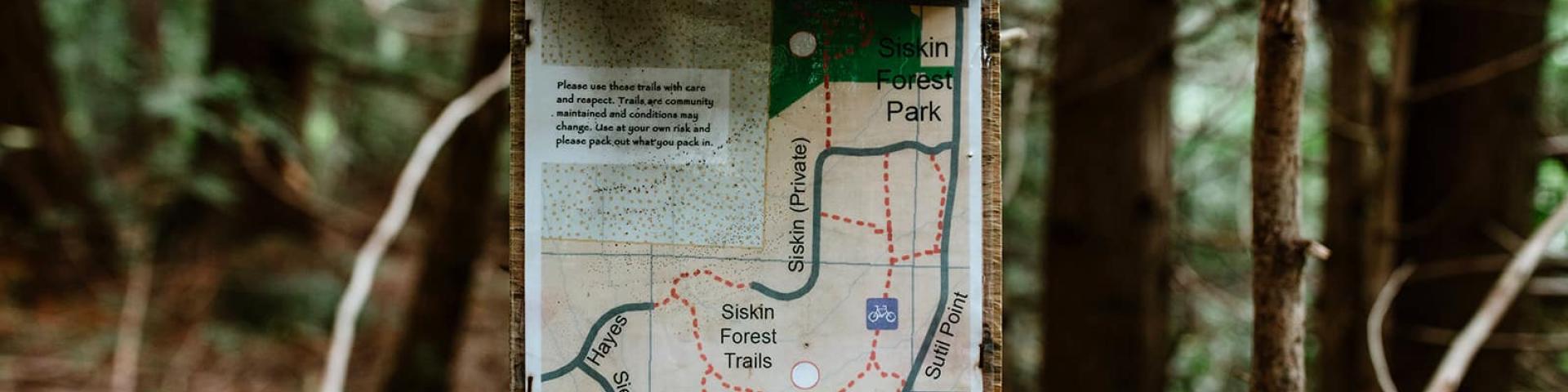 Trail map on a tree in a forest, surrounded by greenery.