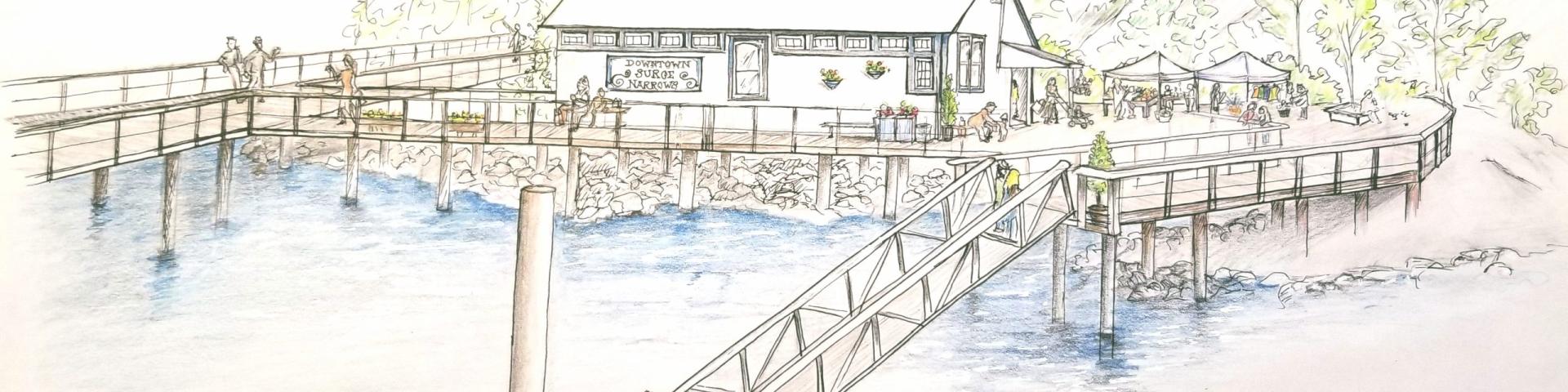 Painting of Surge Narrows Store building, standing pier and floating dock