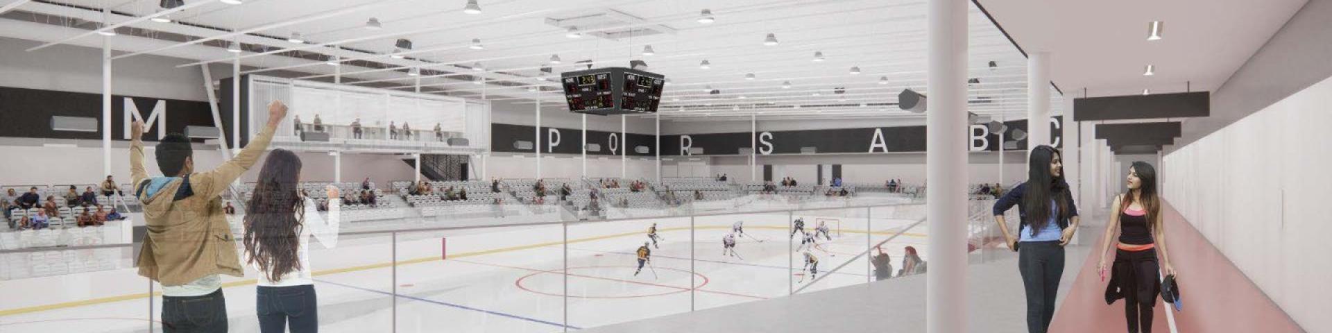 Indoor ice rink with people watching from the side and a hockey game in progress.