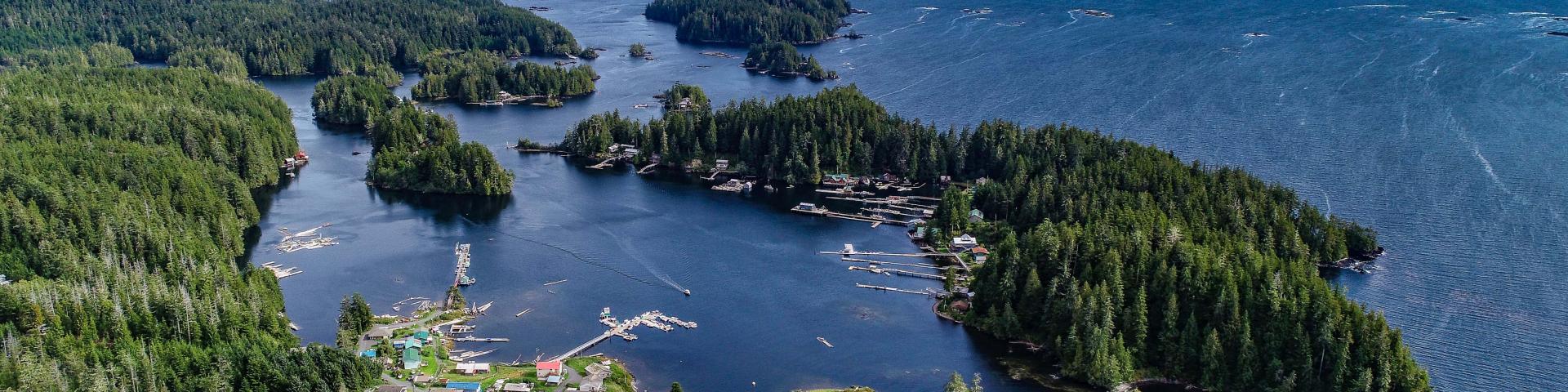 Aerial view of a scenic coastal village surrounded by lush forests and waterways.