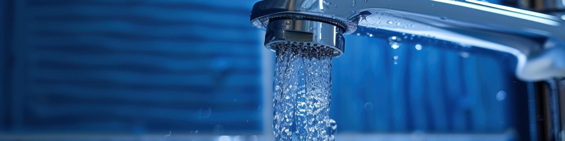 Close-up of a modern faucet with water flowing against a blue tiled background.
