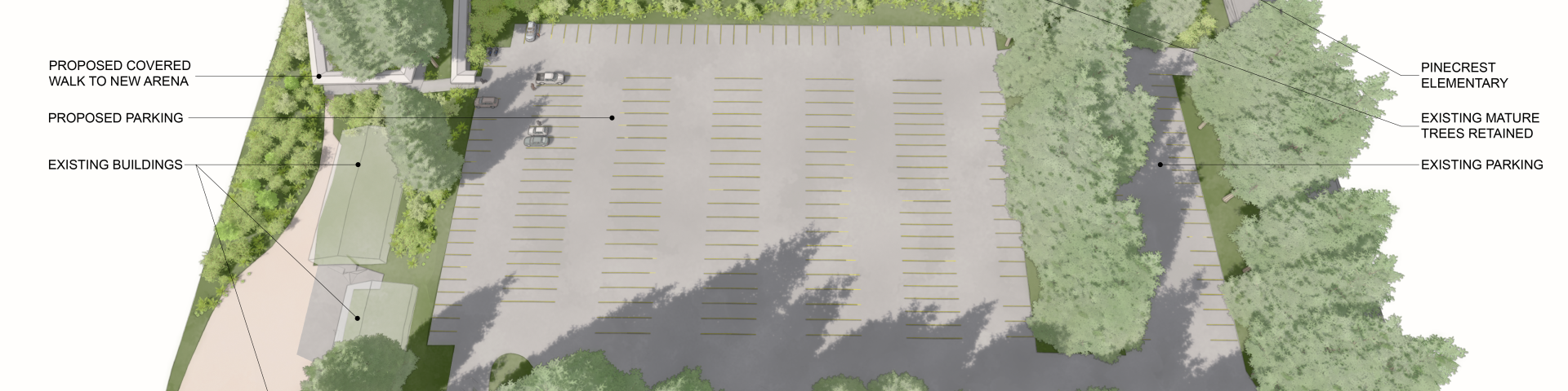 Aerial view of a parking lot surrounded by trees, with clear outlines and organized spaces.
