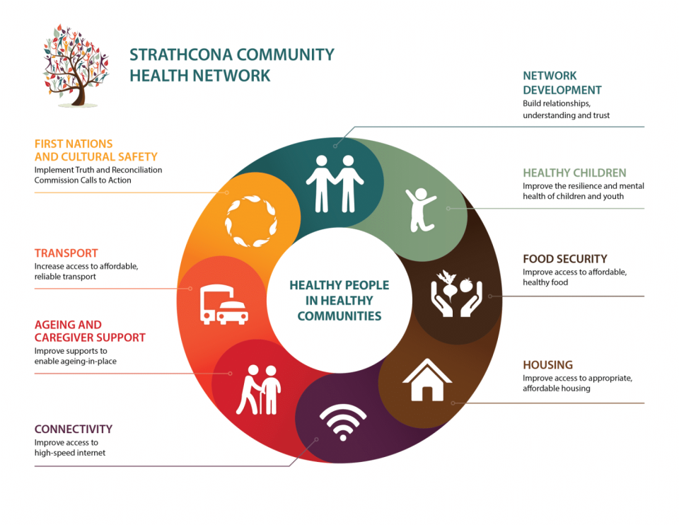 Colorful infographic with community health network topics in circular segments.