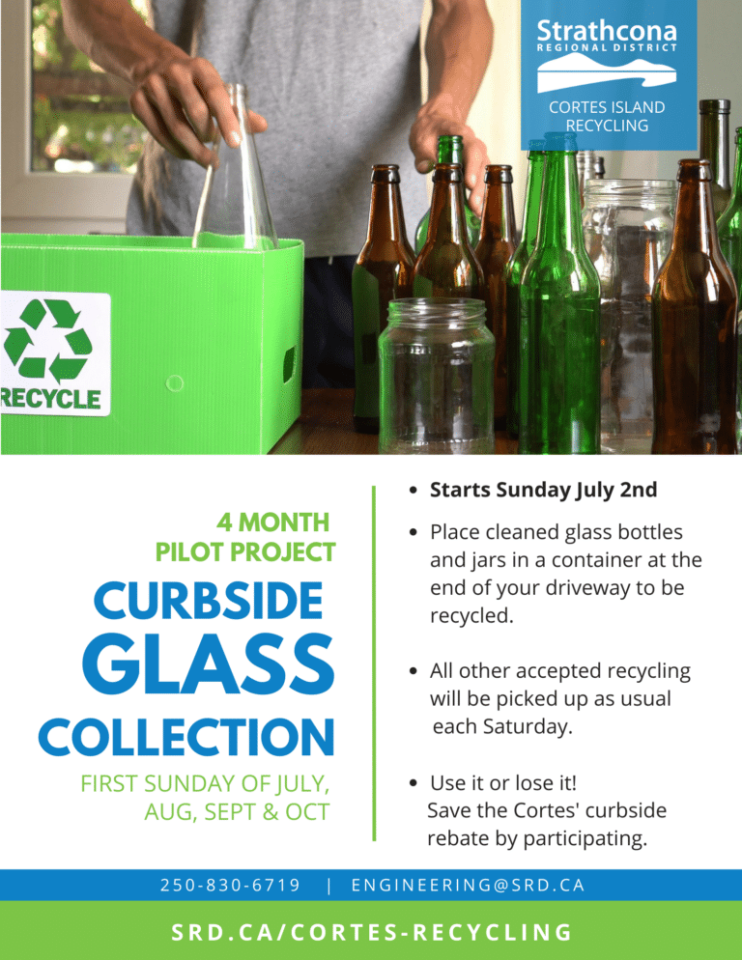 Curbside glass collection flyer with recycling bin and glass bottles.