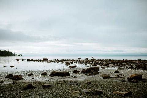 Rocky shoreline under a cloudy sky.