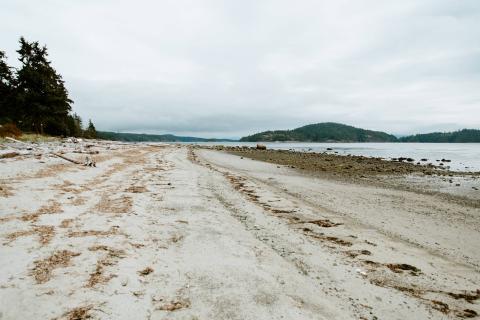 Sandy beach with distant hills under a cloudy sky.