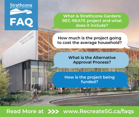 FAQ questions in bubble messages over Strathcona Gardens building exterior mockup.