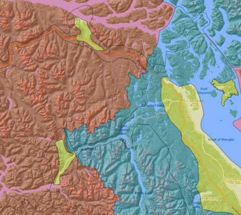 Colorful topographic map with regions in brown, blue, and yellow.