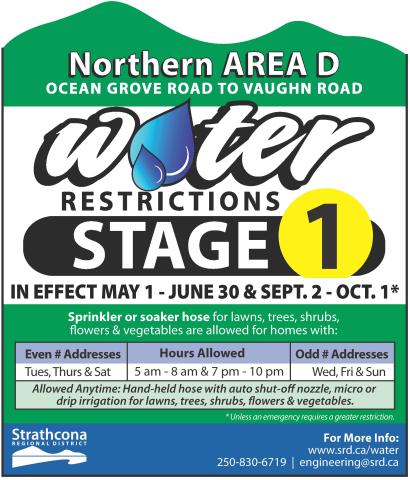 Water restrictions notice for Northern Area D, detailing Stage 1 guidelines and allowed hours.