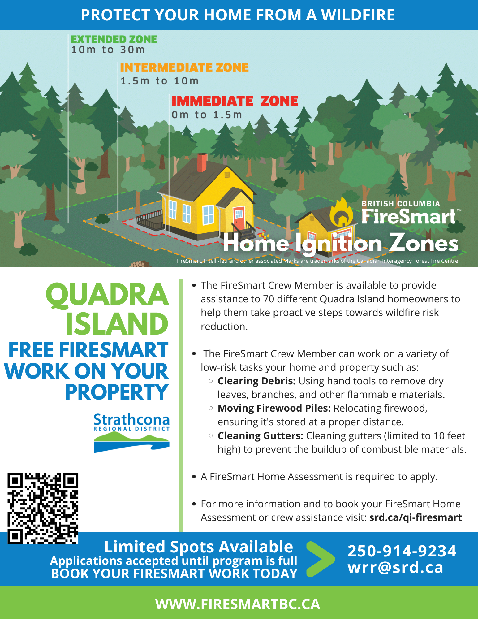 FireSmart home safety infographic with contact details and QR code.