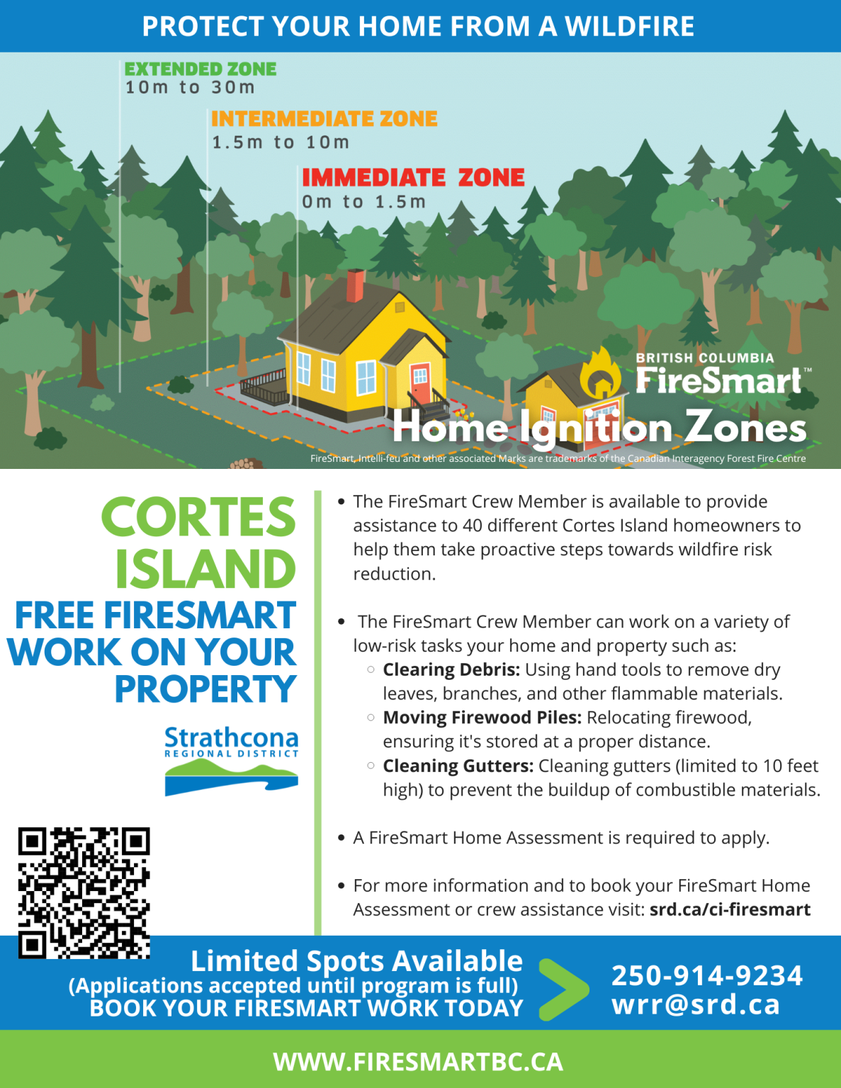 FireSmart graphic shows a house surrounded by trees, detailing wildfire protection zones.