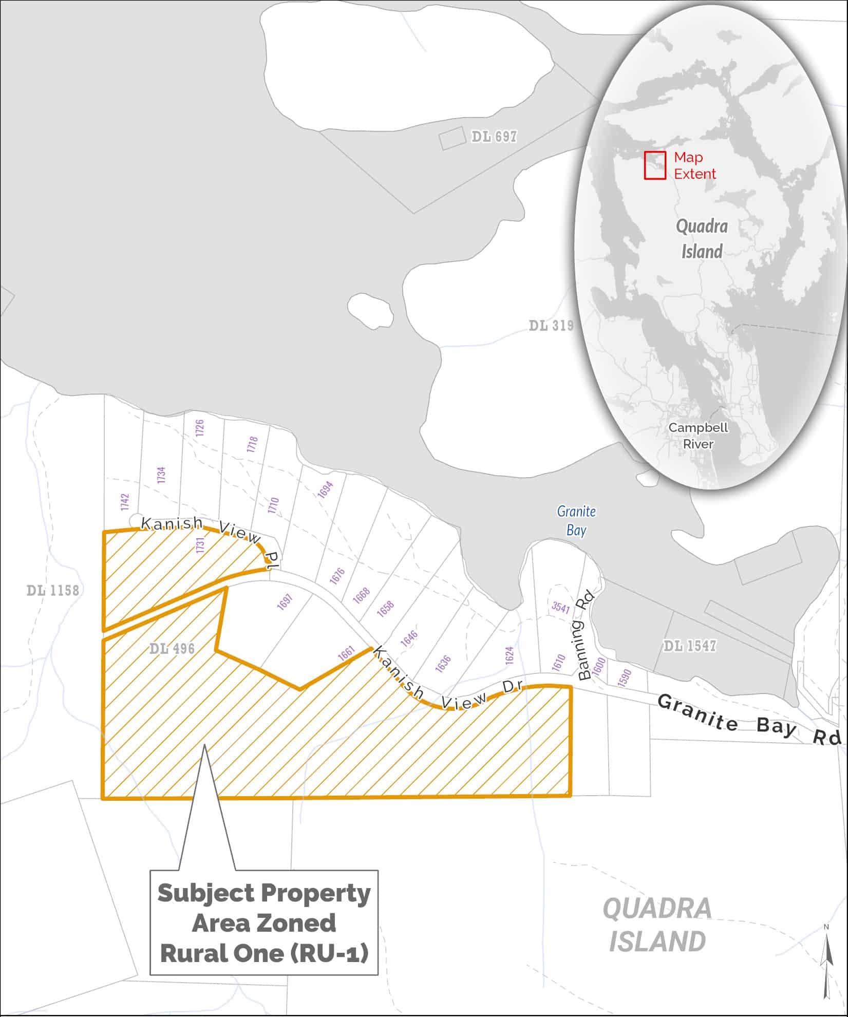 Map showing subdivided lots and a highlighted property area on Quadra Island.