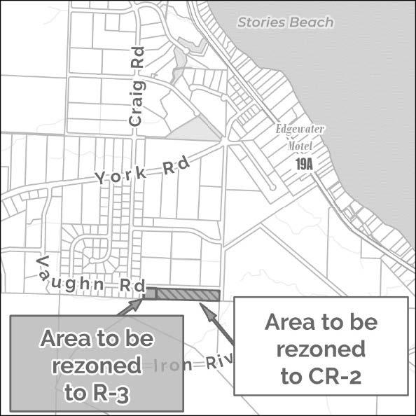 Map highlighting two areas for rezoning, labeled R-3 and CR-2.
