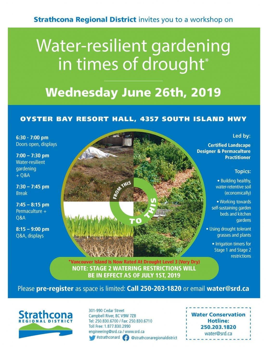 Workshop poster for water-resilient gardening on June 26, 2019.