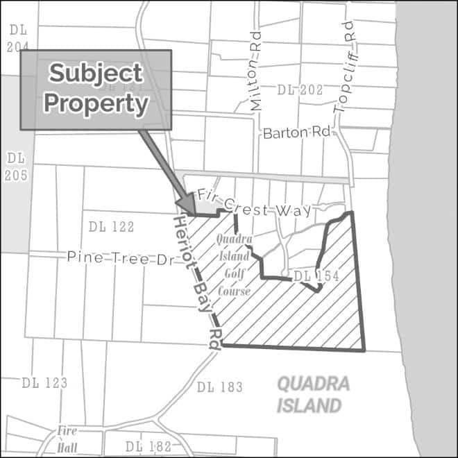 Map highlighting a subject property on Quadra Island.