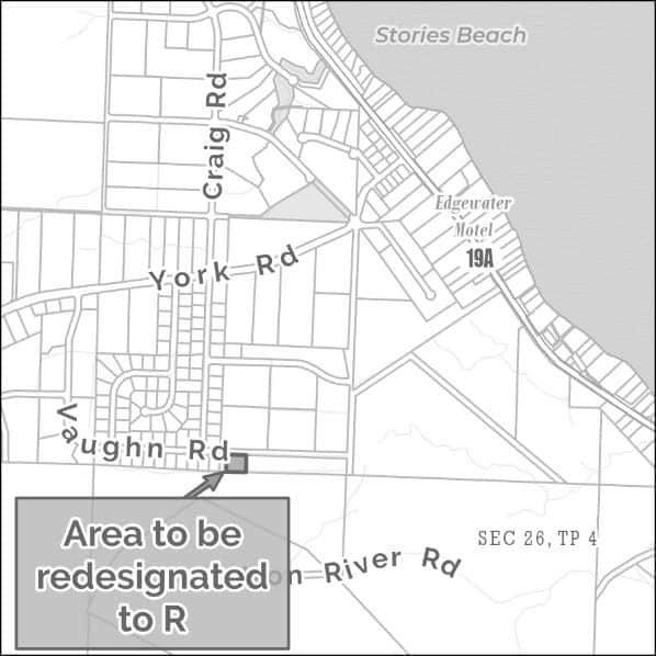 Map showing a highlighted area along Vaughn Rd for redesignation.