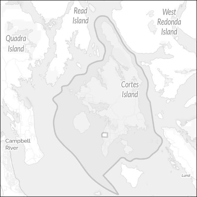 Map highlighting Cortes Island and surrounding areas in grayscale.