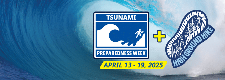 Tsunami graphic with date April 13-19, 2025, set against a large ocean wave background.