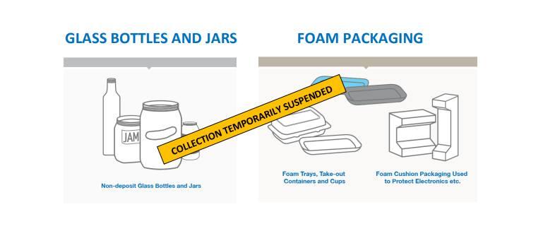 Glass bottles and foam packaging illustrations with sorting instructions.