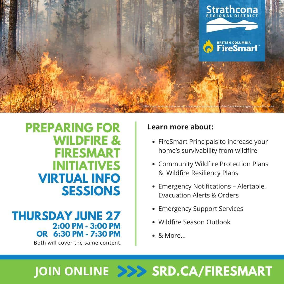 Flames and smoke rise from a forest with a flyer detailing wildfire preparedness sessions.