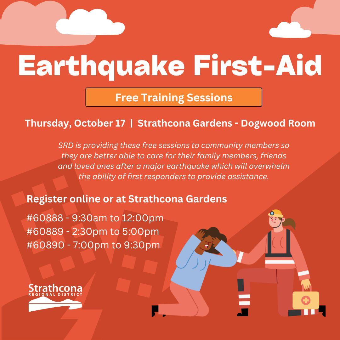 Earthquake First-Aid training session flyer with details and illustrations of people assisting.