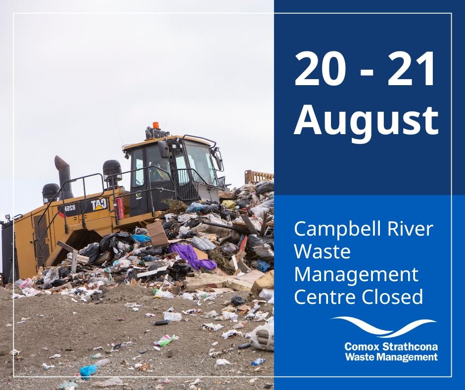 Bulldozer on a waste pile; closure notice on blue background.