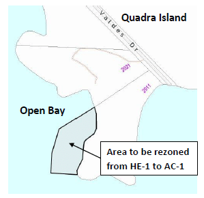 Map highlighting Open Bay area rezoning on Quadra Island.