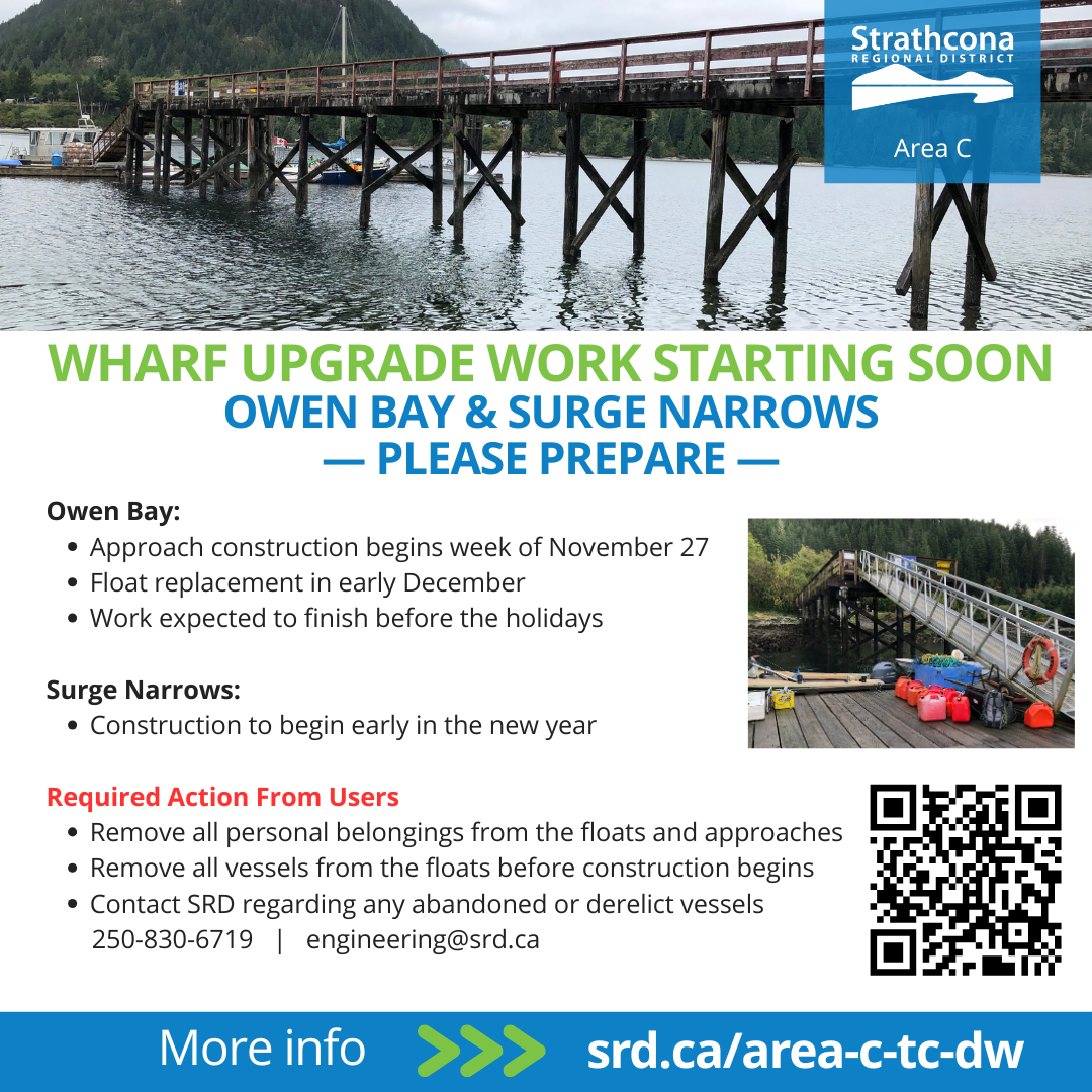 Wharf upgrade notice with Owen Bay dock and contact details.